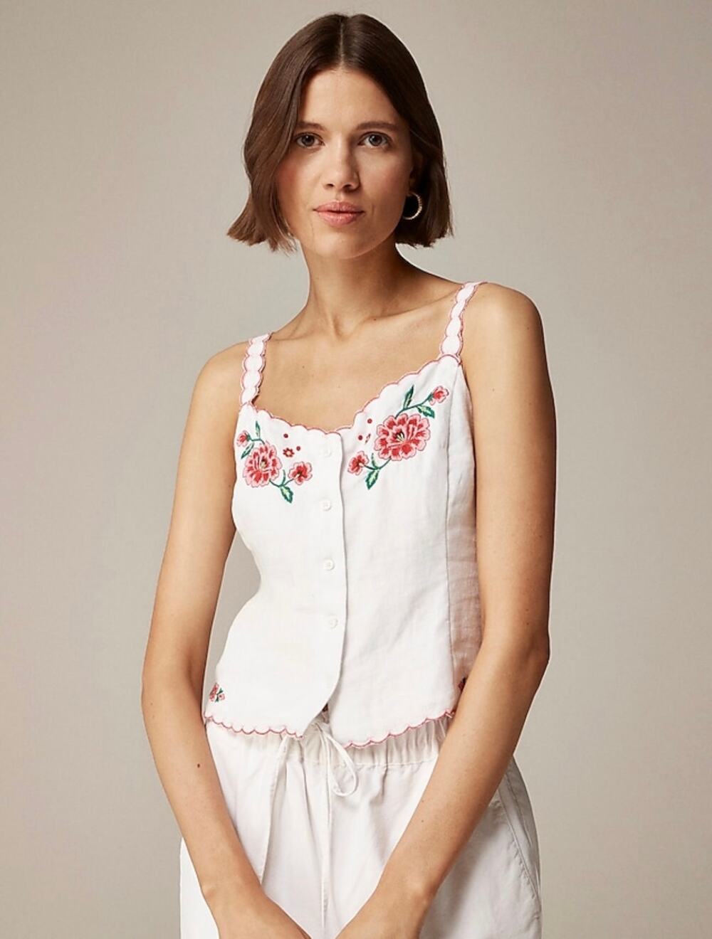 J.Crew Women’s Size 4 White Linen Floral Embroidered Scallop Cami Tank Top